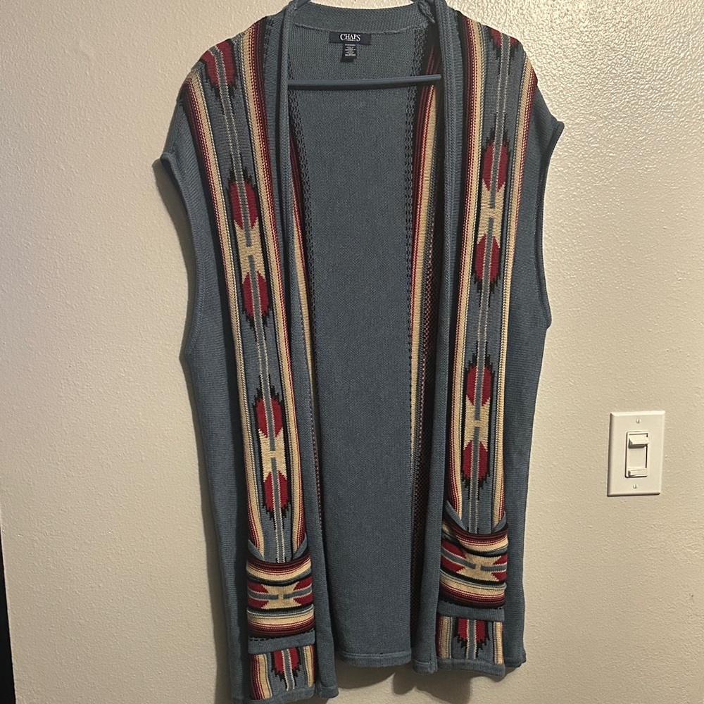 Chaps Blue Southwestern Open-Front Vest with Red Accents - Picture 2 of 12